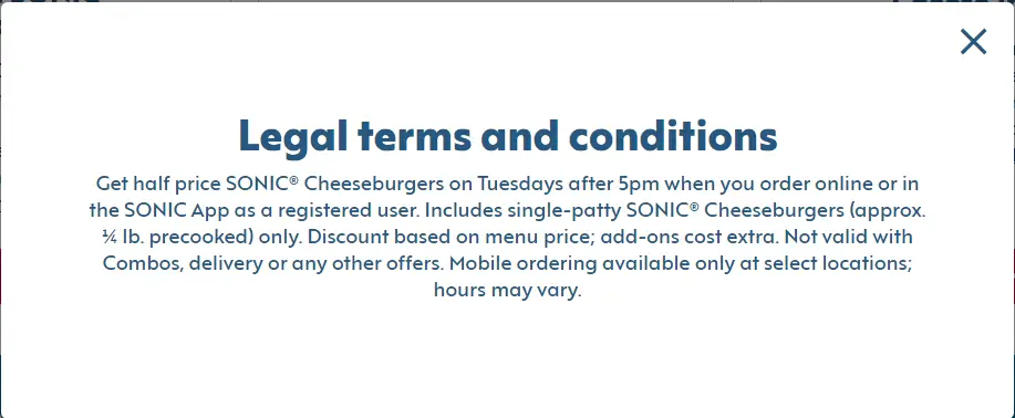 legal terms and conditions of sonic half price burger