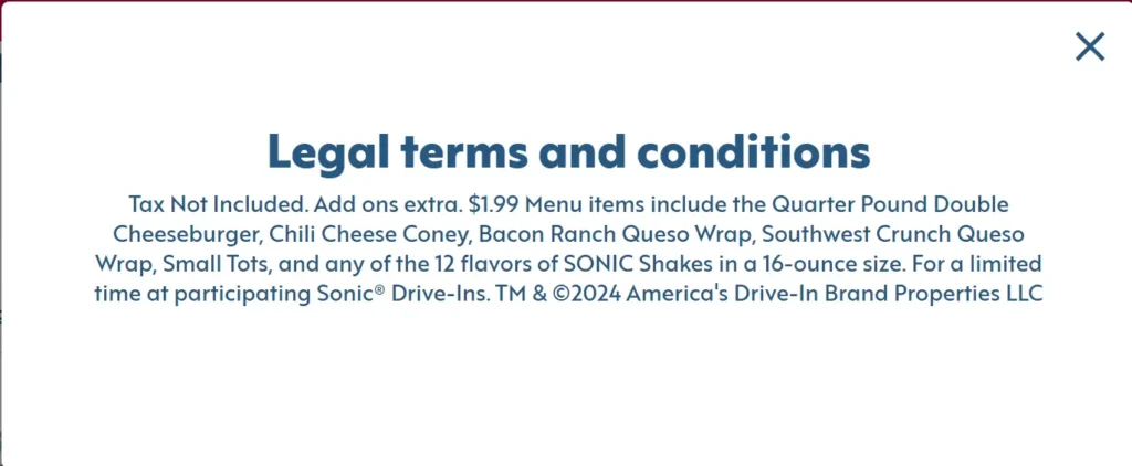 legal terms and conditions of Sonic 1.99 menu